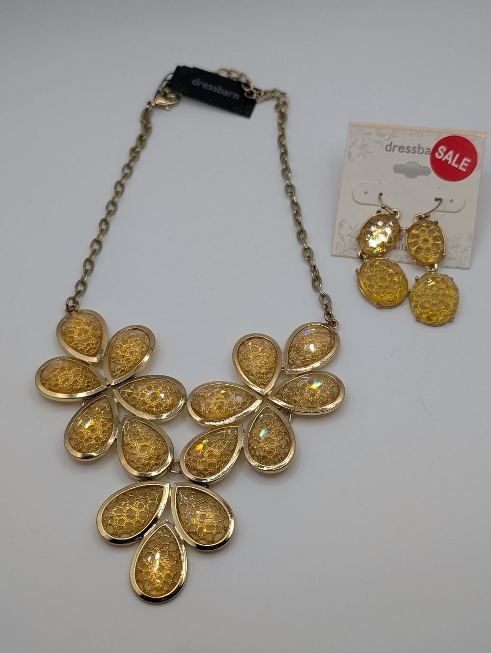 DRESSBARN 2 pc Gold Yellow Lace Filigree Necklace + Earrings NWT